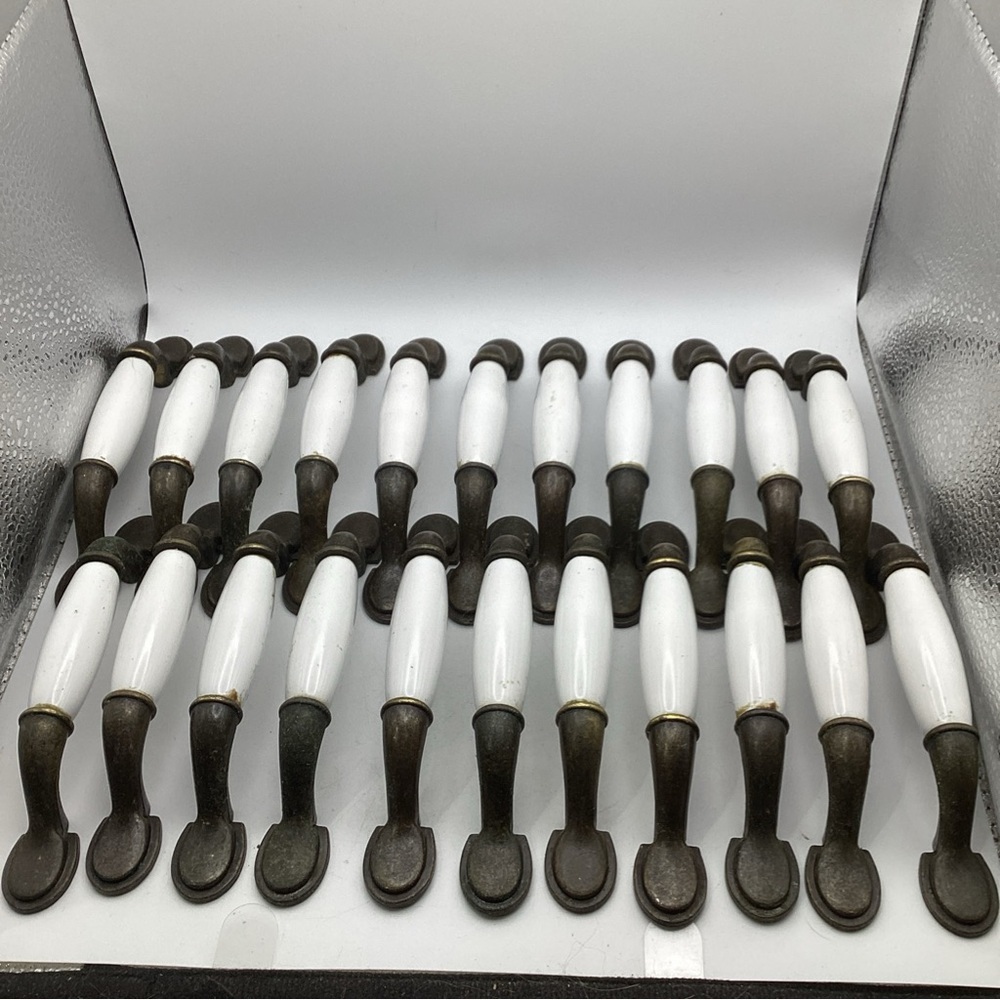 22 Vtg 6" Porcelain & Brass Kitchen Cabinet Drawer Pull Handles Lot (No Screws)
